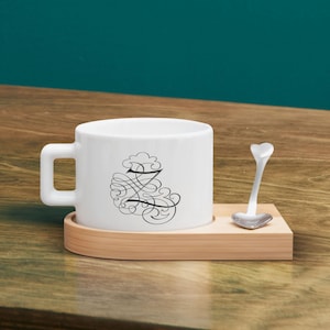 Ensemble de tasses à café et à thé avec lettre de calligraphie personnalisée avec soucoupe en bois, ensemble de tasses à café et cuillère à café personnalisées, tasse à thé, cadeau d'anniversaire