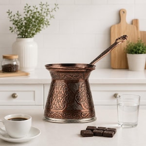 May include: A copper-coloured metal coffee pot with an embossed floral pattern and a long handle. The pot features the text "WALI cezve" engraved on the upper rim. It has a wide base and a tapered neck, showcasing a dark, weathered finish.