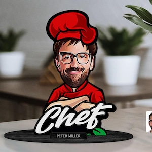 Gepersonaliseerde 3D houten cartoon chef-kok beeldje trinket, aangepaste cartoon chef-kok portret, verjaardagscadeau, kerstcadeau, cadeau voor hem