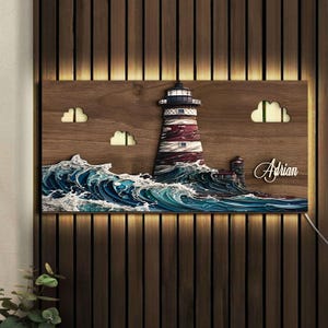 Personalized LED Light Wooden Lighthouse Painting, Custom Embossed Wood Decor, Home Decor, Wedding Gift, Wall Decor, Christmas Gift