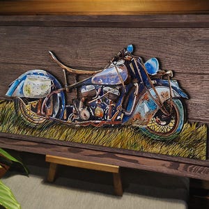 Handmade 3D Oak Tree Vintage Motorcycle Wood Painting, Custom Wood Motorcyclist Wall Art, Home Decor, Wall Decor, Office Decor, Gift for Him