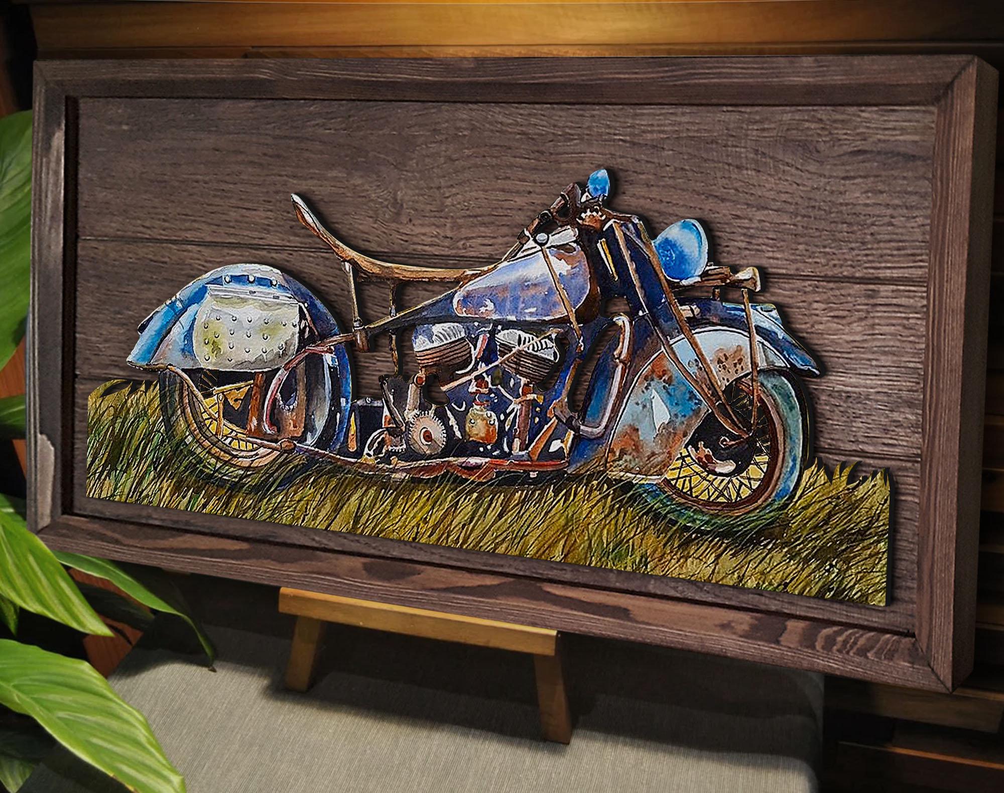 Handmade 3D Oak Tree Vintage Motorcycle Wood Painting, Custom Wood