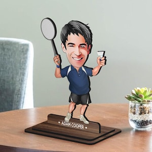 Personalized 3D Wooden Cartoon Badminton Figurine Trinket, Christmas Gift, Custom Cartoon Squash Portrait, Birthday Gift, Gift for Him