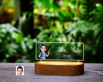 Personalized Cartoon LED Light Doctor Name Plate with Natural Wood Base, LED Light Name Plate, Office and Room Decoration, Gift For Him