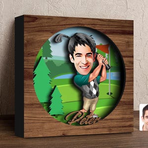 Personalizowany Golfer 3D ręcznie wykonany siedmiowarstwowy drewniany Shadow Box, niestandardowa rama Cartoon Golf 3D Shadow Box, wycinany laserowo Shadow Box