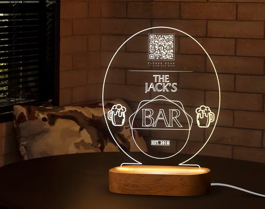 Custom LED Qr Code Menu Sign, LED Decor With Natural Wood Base