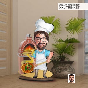 Spersonalizowana 3D drewniana figurka szefa kuchni z kreskówki Pizza Chef Oversized Trinket, niestandardowy portret karykatury, prezent dla niego, wystrój domu, prezent urodzinowy