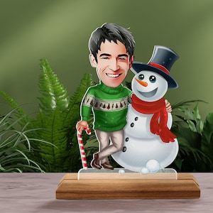 Suporte de madeira 3D personalizável com desenho animado, retrato personalizado de homem de Natal e boneco de neve, presente de Natal, presente de amigo, presente de família