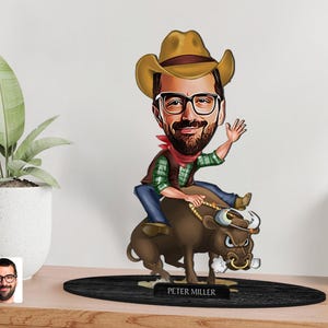 Personalized 3D Wooden Cartooned Rodeo Figurine Trinket, Custom Cartoon Cowboy Portrait, Birthday Gift, Christmas Gift, Gift for Him