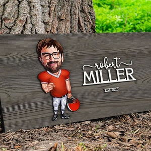 Cartello personalizzato in legno 3D con nome del giocatore di football americano, caricatura personalizzata del ritratto del giocatore di football, arte murale, arredamento per la casa, regalo per lui
