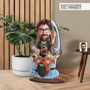 Spersonalizowana 3D drewniana figurka perkusisty z kreskówki, duża figurka, spersonalizowany portret karykatury, prezent dla niego, wystrój domu, prezent urodzinowy