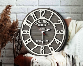 Personalized 3D Wooden Oversized Wall Clock, Custom Large Wall Clock, Old Town Wall Clock, Rustic Home Decor, Minimalist Decor, Wedding Gift