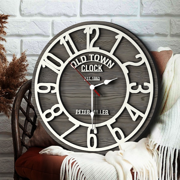 Horloge murale surdimensionnée en bois 3D personnalisée, grande horloge murale personnalisée, horloge murale de la vieille ville, décor rustique à la maison, décor minimaliste, cadeau de mariage