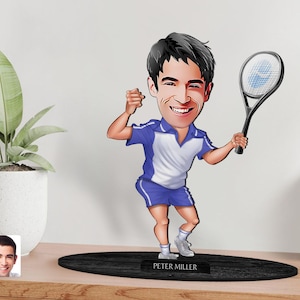 Estatueta de jogador de tênis de madeira 3D personalizada, retrato de desenho animado personalizado, presente de aniversário, presente de Natal, presente para ele
