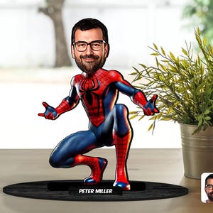 Gepersonaliseerde 3D houten cartoon superheldbeeldje, aangepast cartoonportret, verjaardagscadeau, Kerstmis, jubileumcadeau, cadeau voor vader