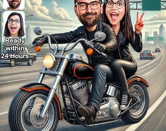 Chopper Style Motorcycle Couple Drawing, Personalized Biker Portrait, Digital Caricature Gift for Motorcycle Lovers