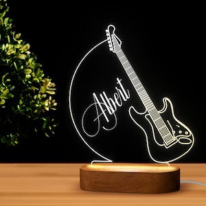 Custom Guitar Figure LED Night Light Decor with Natural Wood Base, Personalized Named LED Night Light, Home Decor, Birthday Gift, LED Decor