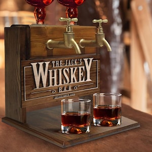 Personalized Embossed Named Wooden Double Faucet Whiskey Dispenser, Bar, Home Bar, Pub and Pub Shed, Wine, Vodka, Liquor Dispenser, Fountain