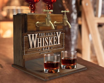 Distributeur de whisky personnalisé en bois avec double robinet et nom en relief, bar, bar domestique, pub et abri de pub, vin, vodka, distributeur d'alcools, fontaine