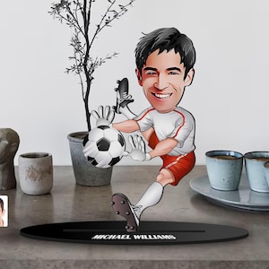 Gepersonaliseerde 3D hout cartoon voetballer beeldje trinket, verjaardagscadeau, aangepaste karikatuur portret keeper, cadeau voor hem