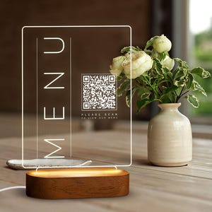 Custom LED Qr Code Menu Sign, LED Decor With Natural Wood Base ...