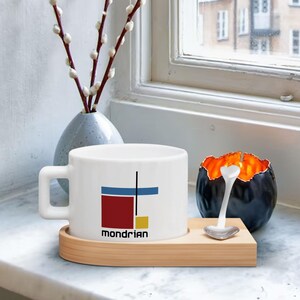 Personalized Artistic Mondrian Design Coffee and Tea Cup Set with Wooden Saucer, Custom Coffee Cup Saucer and Spoon Set, Anniversary Gift