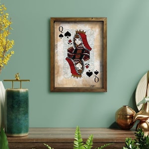 King & Queen Set kunstafdrukken Pokerspeelkaart Handgemaakte houten lijst Pokerkunst Casino Poker retro Kaarten Dubbel cadeau decor Kunst 17*25 inch