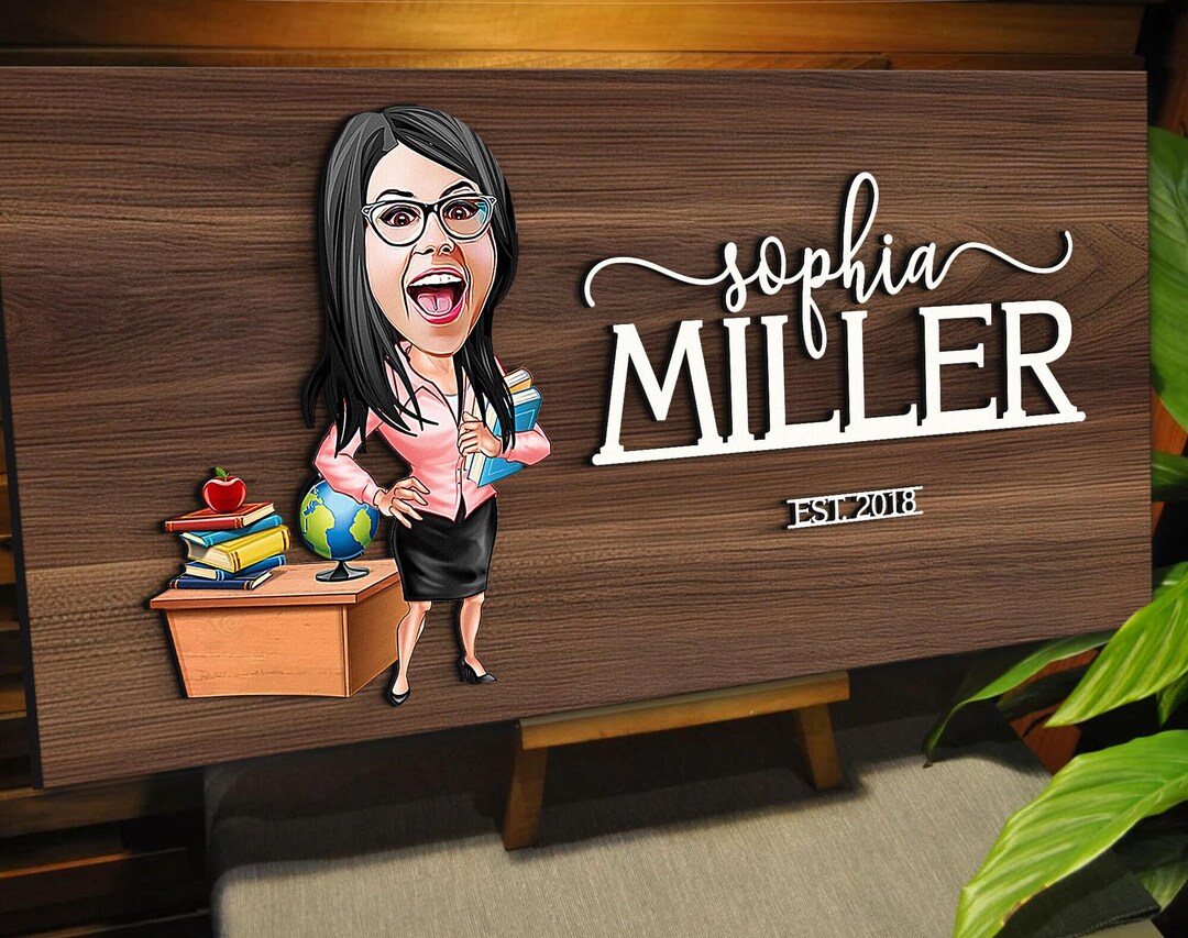 Personalized 3D Wooden Named Cartooned Teacher Sign, Custom Cartooned ...