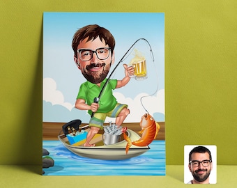 Dessin animé personnalisé Fisherman B, Figurine de pêcheur de capture personnalisée, Cadeau personnalisé de pêche, Meilleur cadeau pour pêcheur, Cadeau de pêcheur