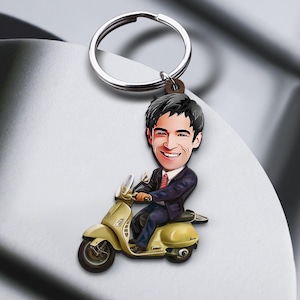 Keychain with Personalized Motorcyclist Caricature, Gift for Him, Custom Keyring, Boyfriend Gift, Cartoon Portrait, Gift for Biker