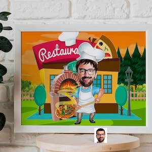 Personalized Pizza Chef Caricature Drawing, Cartoon from Photo, Custom Cooking Portrait Drawing, Digital Art, Bobblehead, Gift for Him