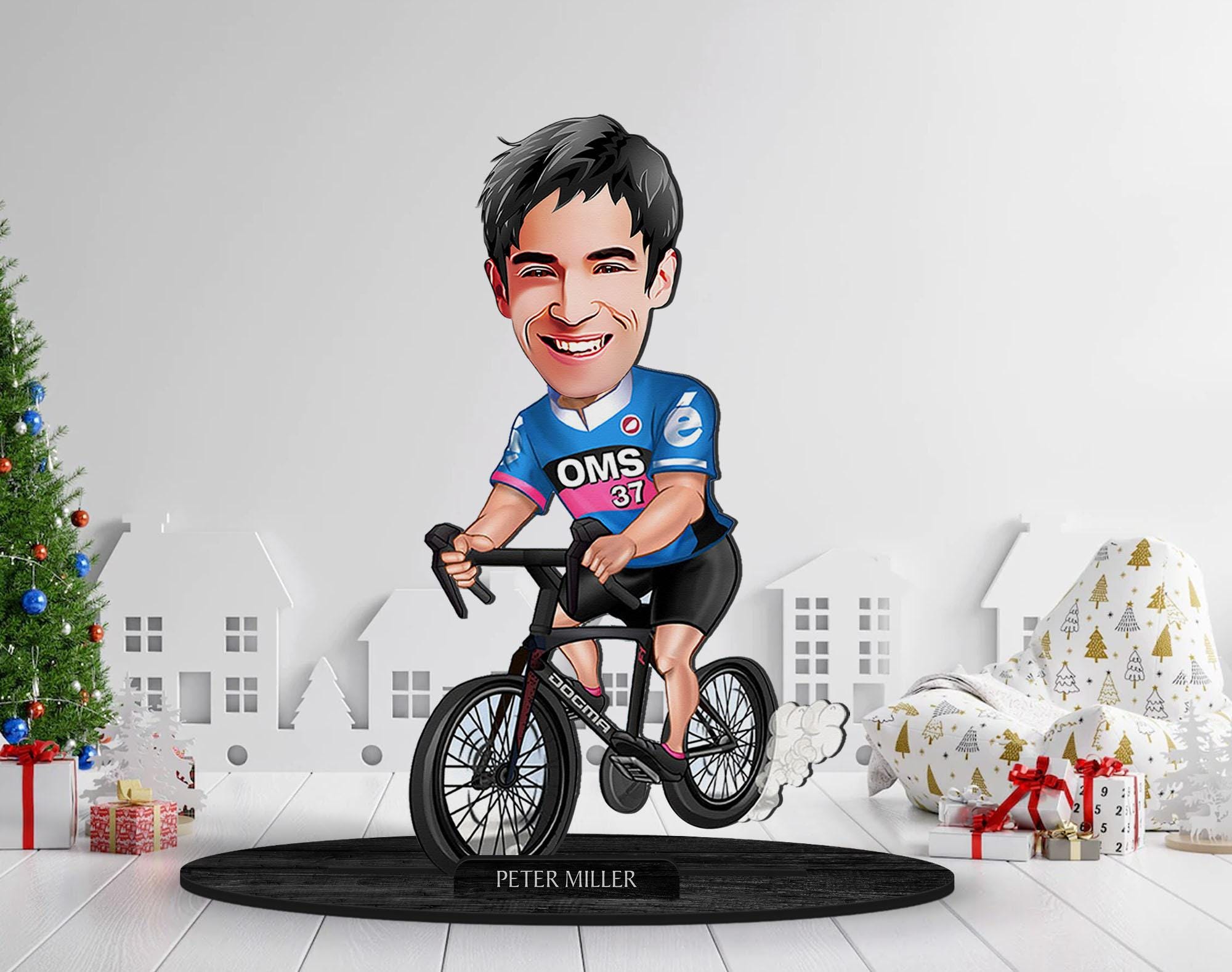 Personalized 3D Wooden Cartooned Bicyclist Figurine Trinket, Custom Cartoon Cyclist Portrait, Birthday Gift, Christmas Gift, Gift for Him