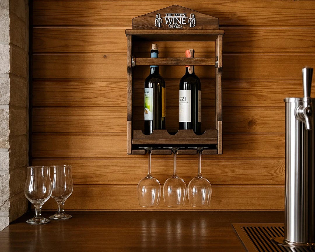 Personalized Wooden Wine Bottle and Glass Holder - Wall Mounted Rustic ...