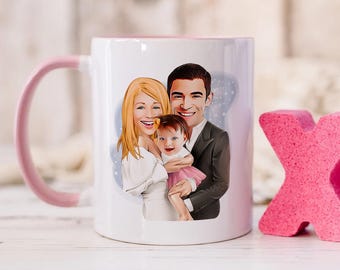 Personalized Coffee Mug with Caricature Family Portrait Drawing, Custom Cartoon Coffee Mug, Family Gift, Colored Mug, Tea Cup, Gift for Her