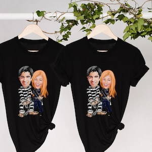 2 stuks zwarte T-shirts gepersonaliseerd met cartoon Valentijnsdag, T-shirt stel, bijpassende T-shirts, valentijnscadeau, cadeau stel, T-shirt op maat