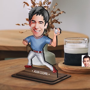 Spersonalizowana drewniana figurka baseballowa 3D z kreskówek, prezent na Boże Narodzenie, spersonalizowany portret baseballowy z kreskówek, prezent urodzinowy, prezent dla niego