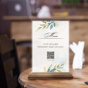 Placa de menu de código QR personalizada, placa de restaurante de madeira natural e acrílico personalizada, placa de código QR para café, mesa de código QR e decoração de mesa