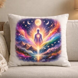 May include: A square white pillow featuring a vibrant, colorful illustration of a figure radiating light. The design includes a night sky with stars, crescent moons, and a full moon, with mountains and a lake below.