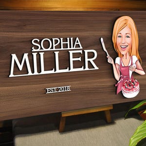 Personalized 3D Wooden Named Cartoon Cake Chef Sign, Patisserie Portrait, Cook Caricature Wood Wall Art, Rustic Home Decor, Gift for Her