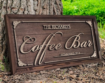 Personalized Handmade Oak Tree Coffee Shop Sign, Custom Wood Coffee Bar Sign, Coffee Bar and Home Bar Decor, Wall Decor, Coffee Bar Decor