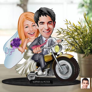 Spersonalizowana 3D drewniana figurka ślubna z kreskówek, spersonalizowany portret Just Married z kreskówek, prezent na rocznicę, prezent świąteczny
