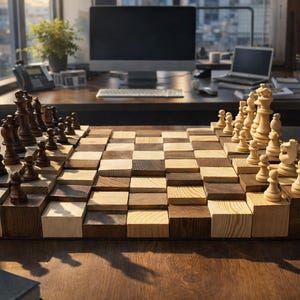 Puede incluir: Un juego de ajedrez de madera &uacute;nico con un dise&ntilde;o de tablero escalonado. Las piezas de ajedrez son de color marr&oacute;n oscuro y beige claro. El tablero est&aacute; hecho de cuadrados de madera claros y oscuros alternados, creando un efecto 3D. El juego se exhibe sobre una mesa de madera.