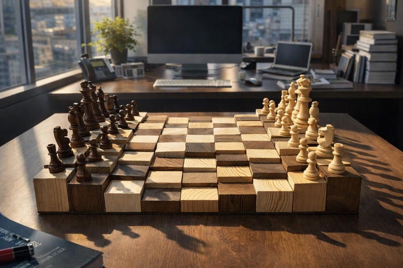 Puede incluir: Un juego de ajedrez de madera &uacute;nico con un dise&ntilde;o de tablero escalonado. Las piezas de ajedrez son de color marr&oacute;n oscuro y beige claro. El tablero est&aacute; hecho de cuadrados de madera claros y oscuros alternados, creando un efecto 3D. El juego se exhibe sobre una mesa de madera.