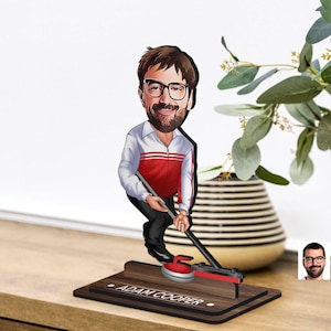 Gepersonaliseerde 3D houten cartoon curling beeldje trinket, kerstcadeau, aangepaste cartoon curling portret, verjaardagscadeau, cadeau voor hem