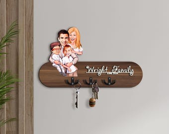 Personalized 3D Wood Cartoon Family Entryway Organizer, Caricature Gift, Wooden Key Holder, Housewarming Gift, Wood Wall Hanger, Family Gift