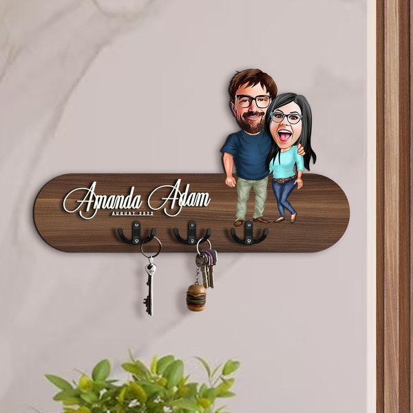 Organisateur d'entrée en bois 3D personnalisé avec dessin animé, porte-clés en bois, cadeau de pendaison de crémaillère, caricature personnalisée, cadeau pour couple, décoration d'intérieur