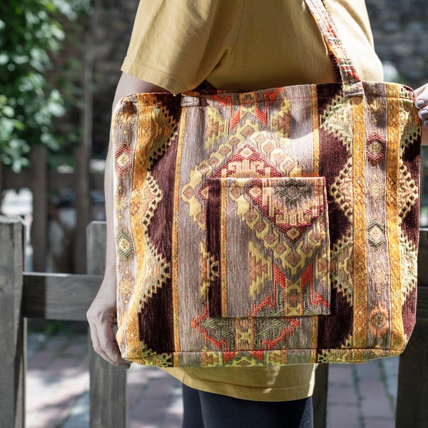 Kilim Design Tote Bag Carpet Style Women Shoulder Bags Turkish Rug Tapestry Beach Vintage Anatolian Type Useful Large Inside Pocket Colorful