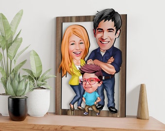 Personalisiertes Familienportrait, Karikatur, personalisierte 3D-Karikatur aus Holz, Wandkunst, individueller Cartoon, Jubiläumsgeschenk für Mutter, Vater oder Ihn 1