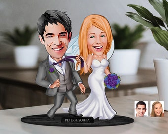 Personalized 3D Wooden Cartooned Wedding Figurine Trinket, Custom Just Married Cartoon Portrait, Anniversary Gift, Christmas Gift