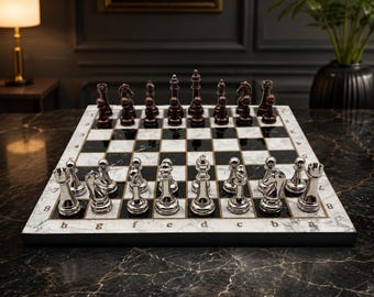 Metal Chess Set, Silver & Copper Pieces, Wooden Board, 3 Sizes (Luxury Gift)